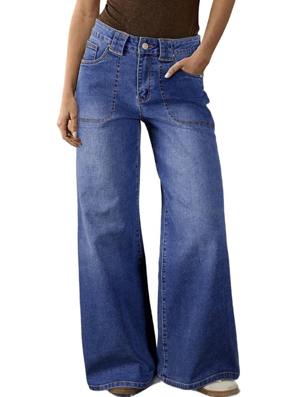 Women's Navy Blue High Waisted Wide Leg Jeans Denim Pants Front Patch Pockets